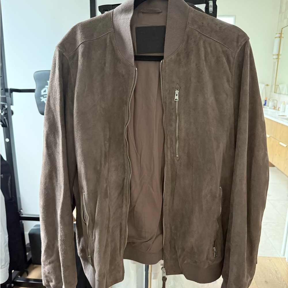 All Saints Taupe Suede Bomber Jacket